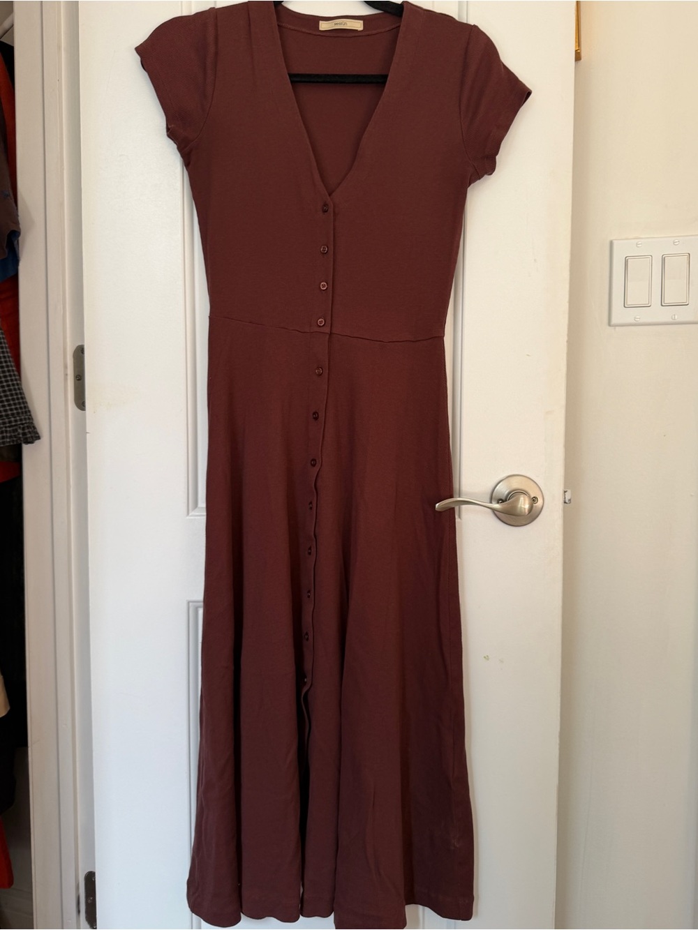 French V-Neck Button-Front Midi Dress in maroon